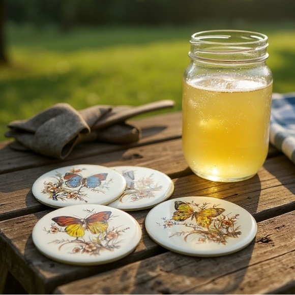 VTG 1970’s H R Johnson 6” Round Ceramic 4 Trivet Tile Wall Hangings, Coasters - Picture 3 of 11